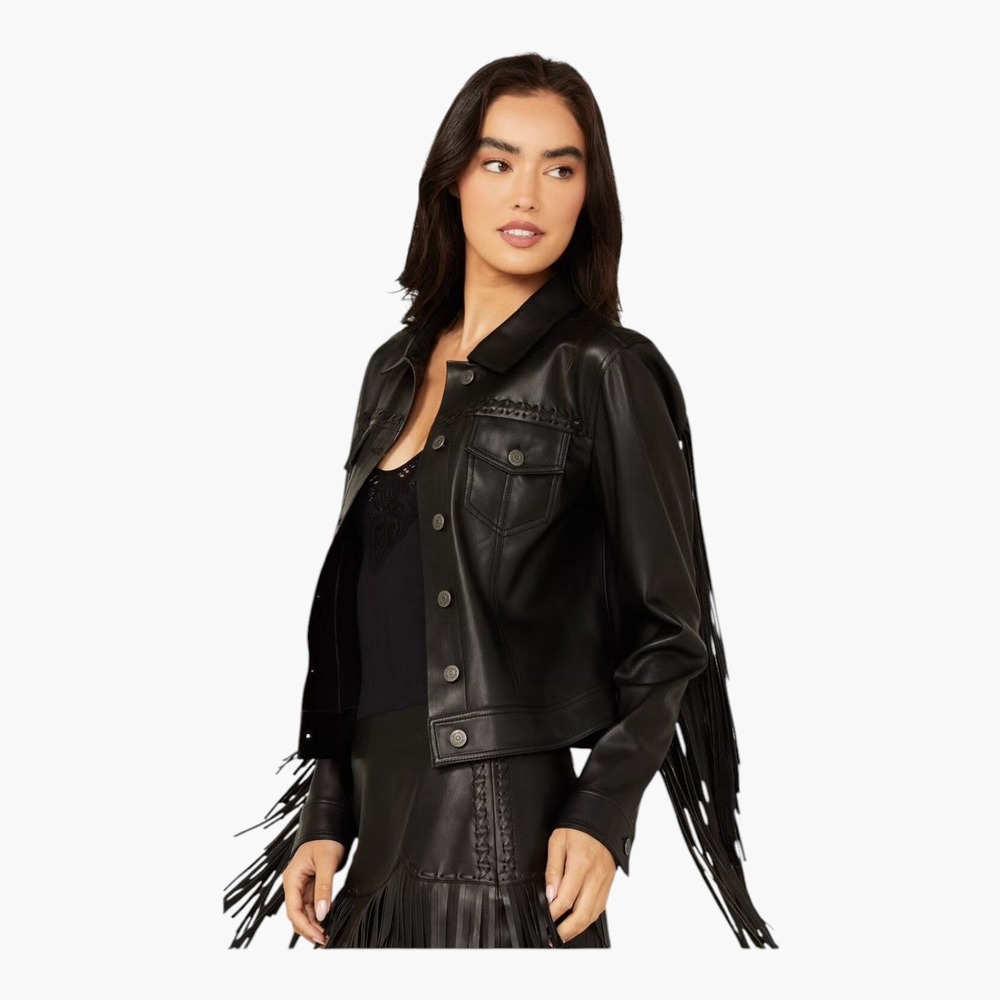 Idyllwind Stella Faux Leather Fringe Jacket Black Women's Size S